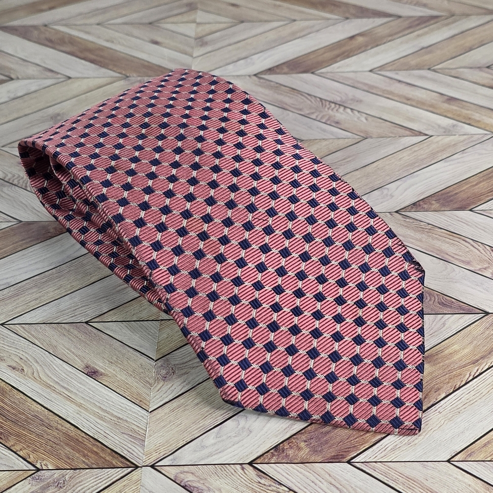 FACONNABLE Men's Tie 100% Silk Square Geometric Pink Blue Hand Made in France